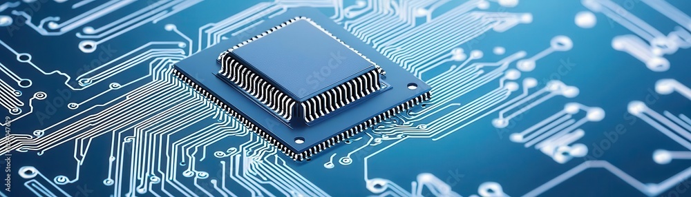 Poster a close-up of a microprocessor on a blue circuit board, highlighting intricate connections and techn
