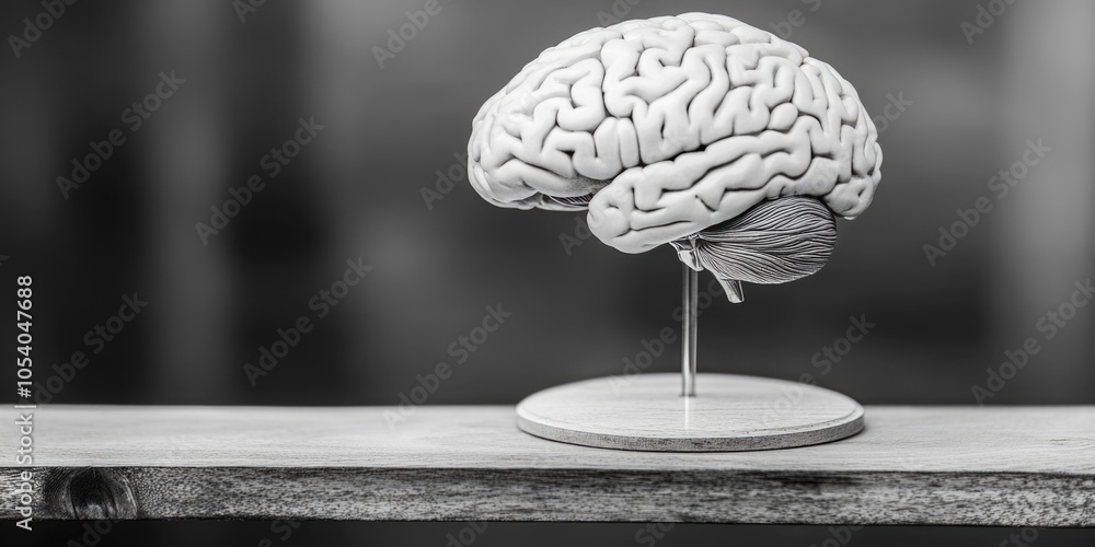 Poster white brain model is sitting on a wooden table. the brain is on display and he is a model of a human
