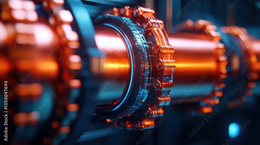 Poster a close-up of a futuristic mechanical component with vibrant orange and metallic textures, showcasin
