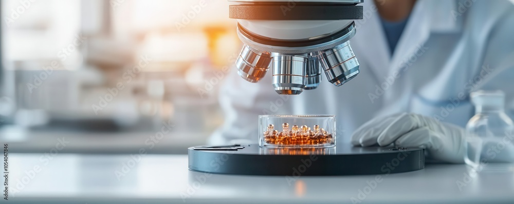 Poster a scientist examines samples under a microscope in a laboratory, highlighting precision and the proc
