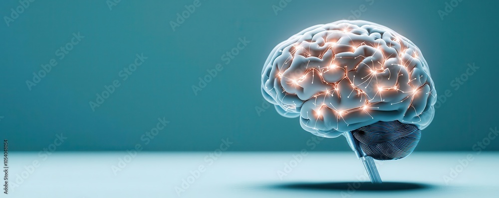 Poster a glowing brain model on a smooth surface, symbolizing intelligence, creativity, and cognitive proce