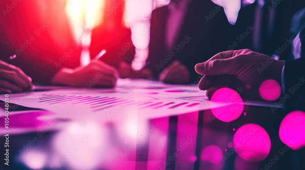 Poster close-up of hands working on a project with charts and graphs, vibrant colors emphasizing teamwork a