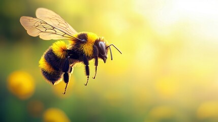 Close-up of a bee hovering in a sunlit garden, showcasing vibrant details and nature's beauty.