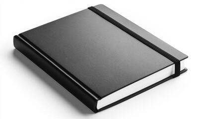 sleek black notebook with textured cover and elastic band, perfect for jotting down thoughts or sketches. Its minimalist design adds elegance to any workspace. Black theme.