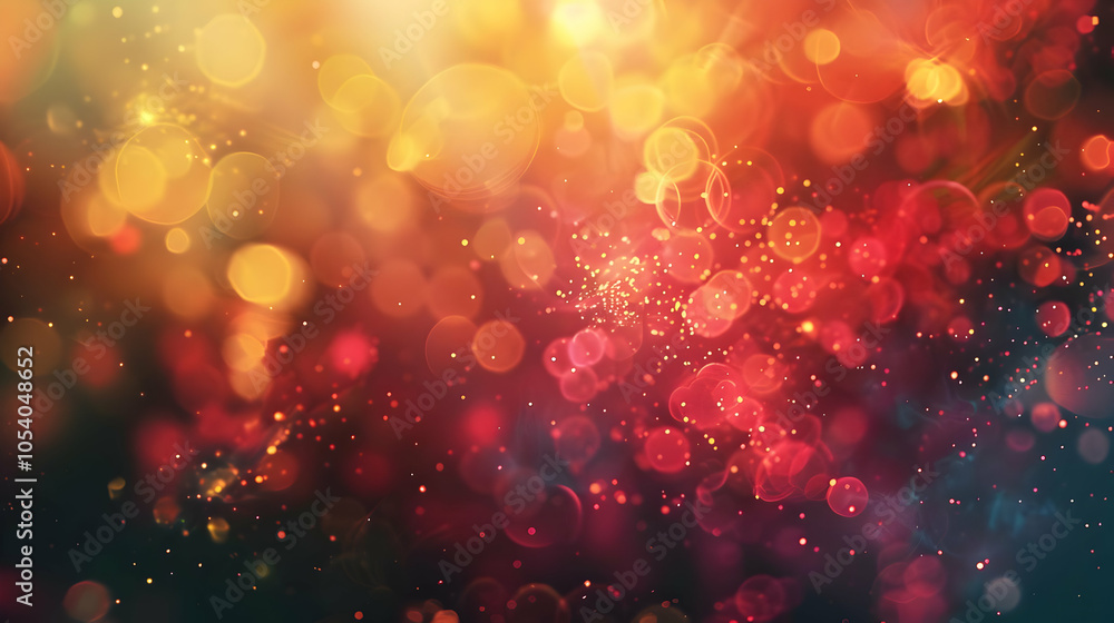 Poster abstract red and yellow bokeh background with sparkling lights.