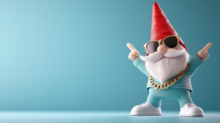 A playful gnome in sunglasses and a red hat strikes a fun pose against a turquoise background, exuding a vibrant, whimsical vibe.