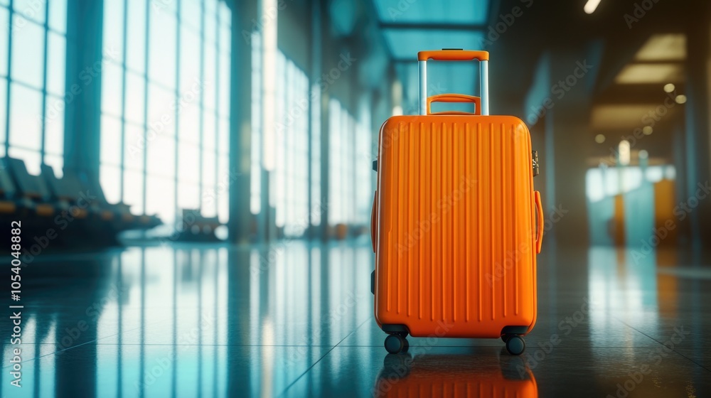 Poster bright orange suitcase sits on a tiled floor in a large, empty room. the suitcase is the only object