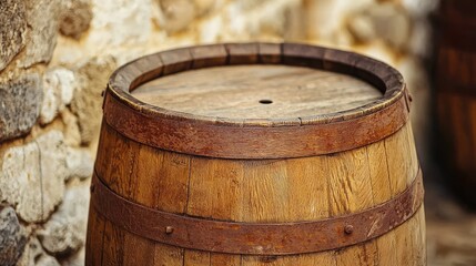 Fototapeta premium Wooden Wine Barrel Close-Up in Rustic Cellar