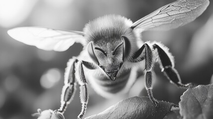 Bee is shown in a black and white photo, with its wings spread out and its head turned to the side. The bee appears to be looking at the camera, and its expression is somewhat menacing