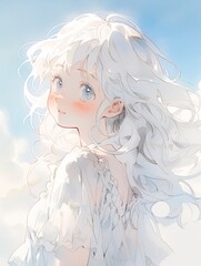 Fototapeta premium Charming anime-style girl with white hair and blue eyes wearing a cloud-patterned white dress, floating in a colorful sky