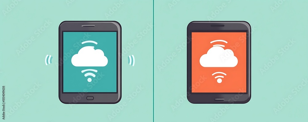 Poster two smartphones displaying cloud icons, representing data transfer or synchronization.
