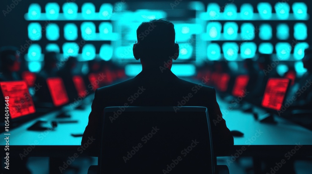 Poster silhouette of a person at a digital command center with glowing screens, creating a futuristic atmos