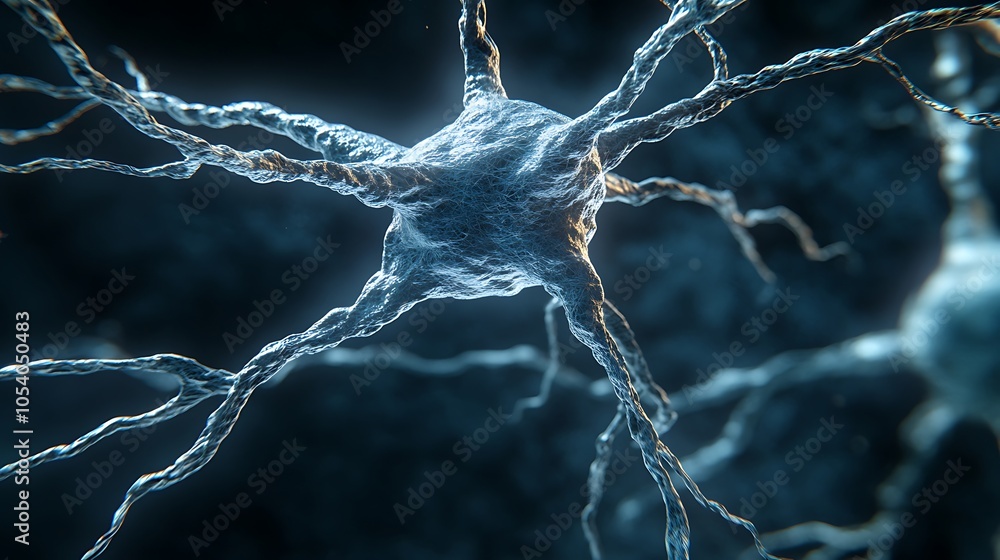 Poster close-up view of a neuron showcasing its structure and connections.