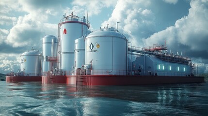 Obraz premium Industrial storage tanks on water, reflecting a cloudy sky.