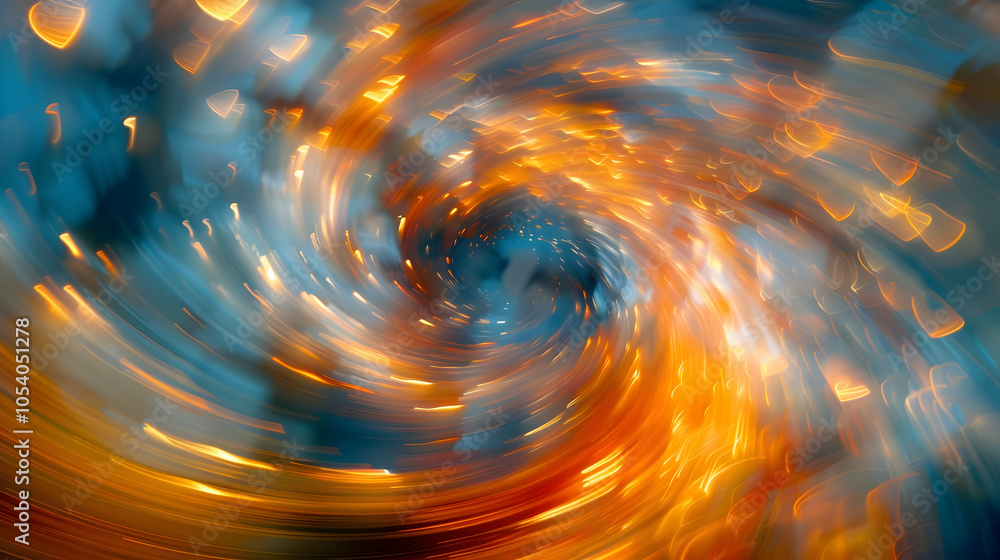 Poster abstract swirl of blue and orange light streaks creating a vortex-like effect.