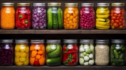 Colorful jars filled with various pickled vegetables and fruits neatly arranged on a wooden shelf, showcasing a vibrant and inviting display of preserves.
