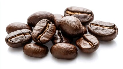 Obraz premium Close-up of dark coffee beans scattered across a white background, with each bean showcasing a unique texture and color depth