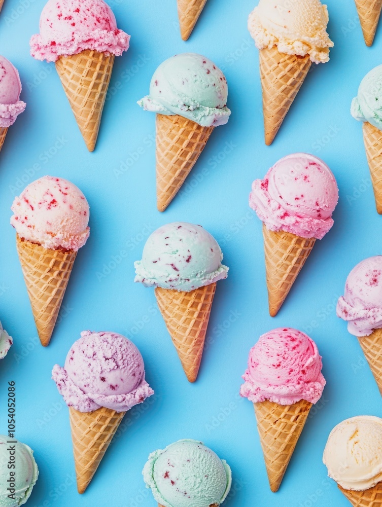 Poster row of ice cream cones with different flavors. the cones are arranged in a pattern on a blue backgro