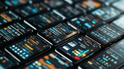 Obraz premium Close-up view of multiple smartphone screens displaying financial data and analytics