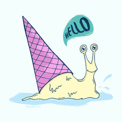 Cartoon Illustration of Snail with Ice Cream Cone Shell