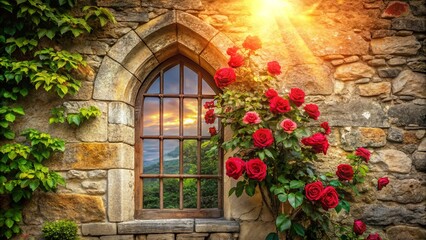 A Sunlit Window Framed by Stone and Vines, Surrounded by a Cascade of Crimson Roses