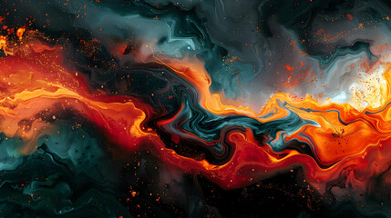 Abstract swirling pattern of orange, red, blue, and black with glitter.