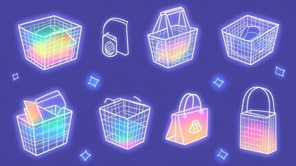 Neon-styled shopping basket icons with vibrant colors