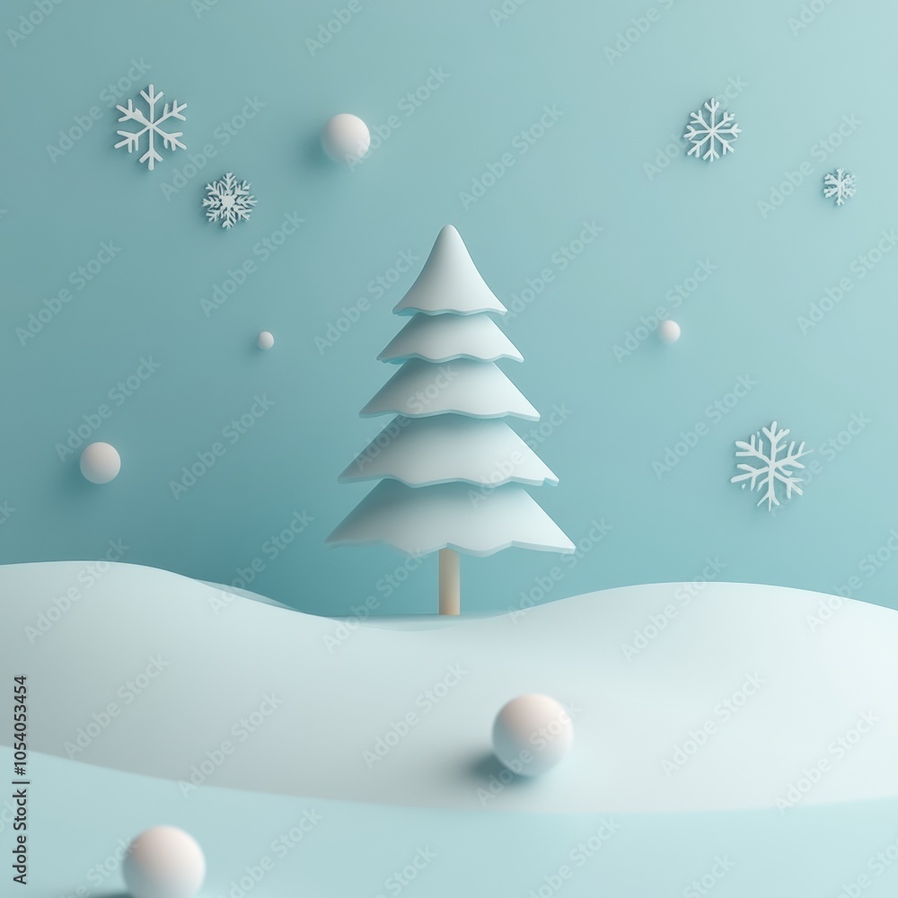 Poster a 3d christmas card design with minimalistic elements, featuring a simple tree and snowflakes agains