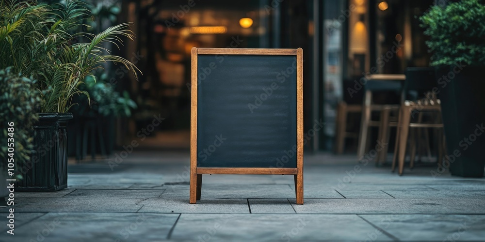 Poster blackboard is standing on a sidewalk in front of a restaurant. the board is empty and the restaurant