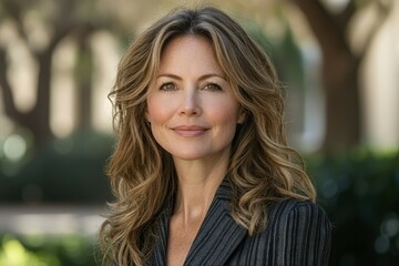 Obraz premium Portrait of a Woman with Long Blonde Hair and a Black Blazer