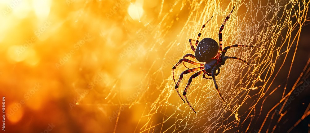 Poster a tight shot of a spider on its web, sun rays filtering through the intricate strands