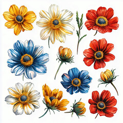 Watercolor Botanical Illustration of Colorful Flowers