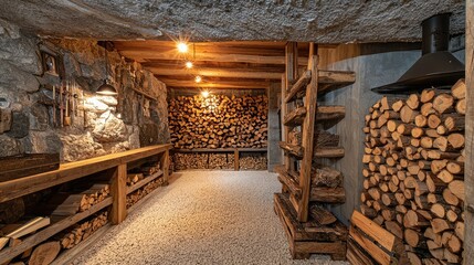 Obraz premium Cozy Cellar with Neatly Stacked Firewood