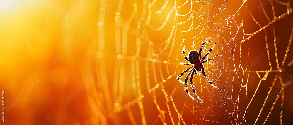 Poster a tight shot of a spider on its web, sun rays filtering through the intricate strands