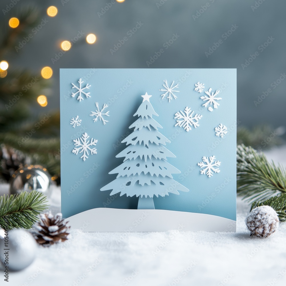 Poster a 3d christmas card design with minimalistic elements, featuring a simple tree and snowflakes on a s