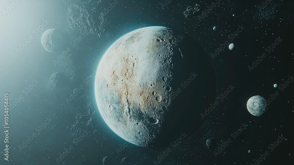 Poster captivating view of a planet with multiple moons