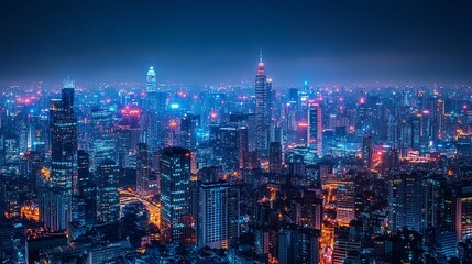 Fototapeta premium City skyline at night with neonlit network connections spanning across buildings, depicting urban big data infrastructure