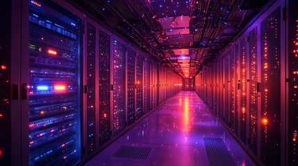 Fototapeta premium Data center interior filled with powerful servers and glowing fiberoptic cables, symbolizing highcapacity big data storage