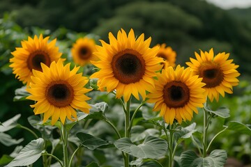 Obraz premium Vibrant Sunflower Field in Bloom Under Sunny Skies for Nature Themes and Floral Decor