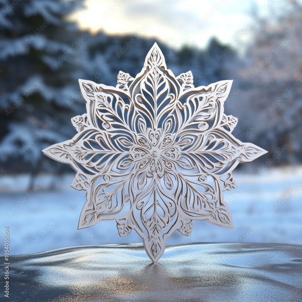Poster a 3d christmas ornament shaped like a snowflake, designed with intricate patterns and shimmering tex