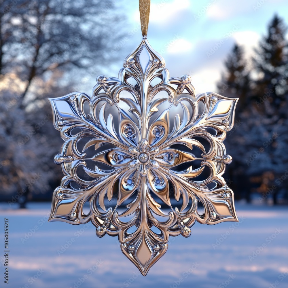 Poster a 3d christmas ornament shaped like a snowflake, designed with intricate patterns and shimmering tex