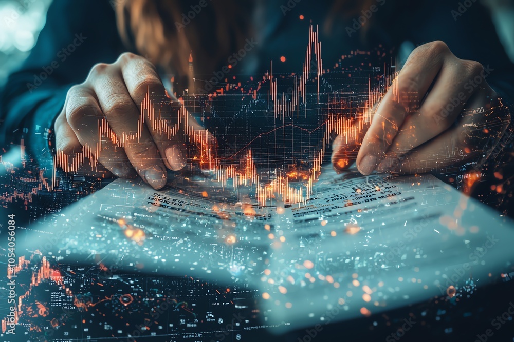 Poster a close-up of hands reading a financial report with dynamic graphs and data overlay, symbolizing inv