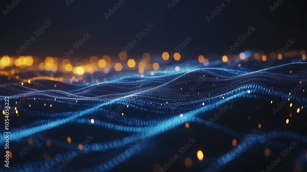 Poster abstract digital waves with glowing particles create a mesmerizing visual effect.