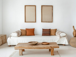 Rustikaler Couchtisch neben weißem Sofa mit braunen Kissen an Wand mit zwei Posterrahmen. Boho-Innenarchitektur im ethnischen Stil eines modernen Wohnzimmers.