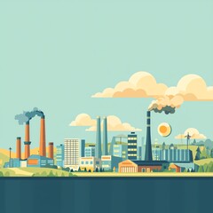 Obraz premium A colorful illustration of an industrial landscape, showcasing factories, smokestacks, and a clear sky, representing modern development.
