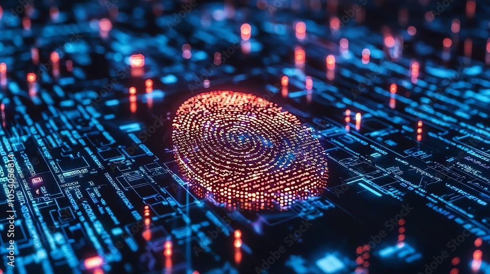 Poster a digital fingerprint overlay on a futuristic matrix background, symbolizing identity security and t