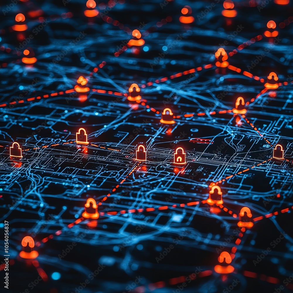 Poster a digital network with glowing locks illustrating cybersecurity and data protection across a city ma