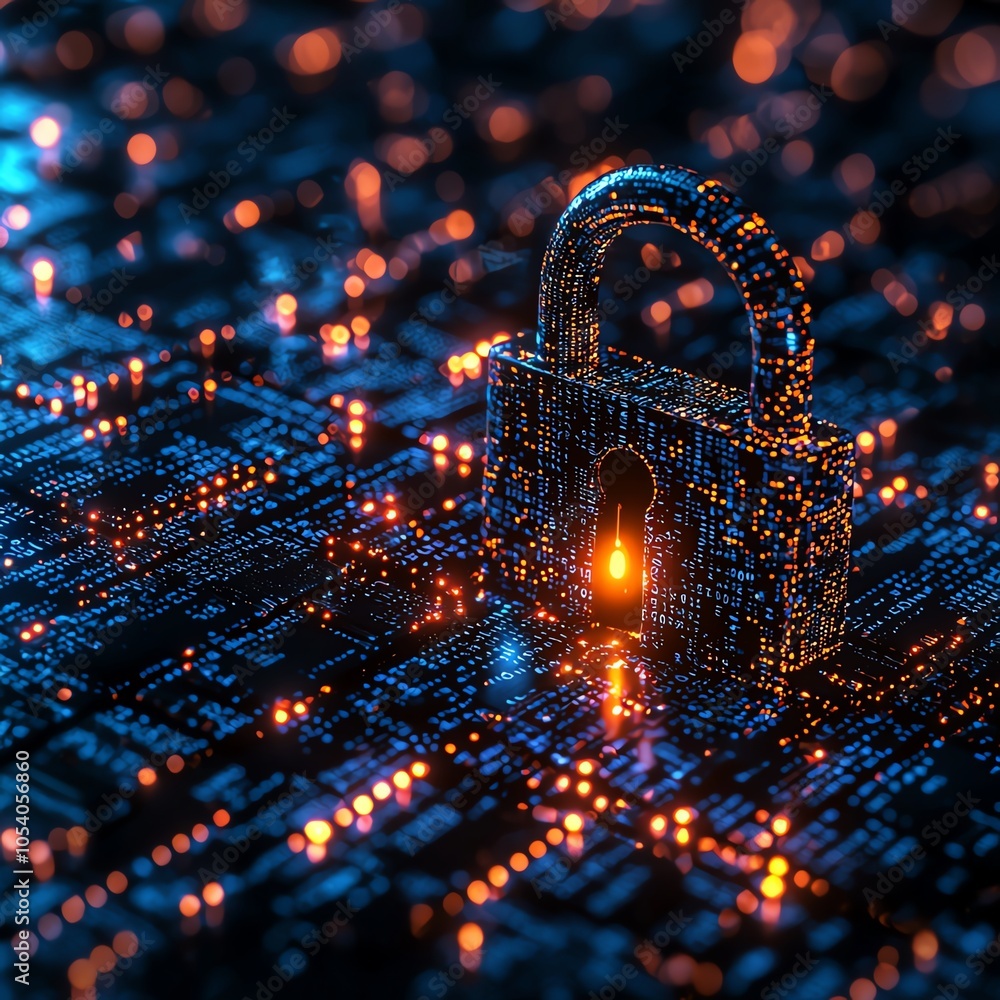 Poster a digital padlock amidst glowing data streams, symbolizing cybersecurity and data protection in the 