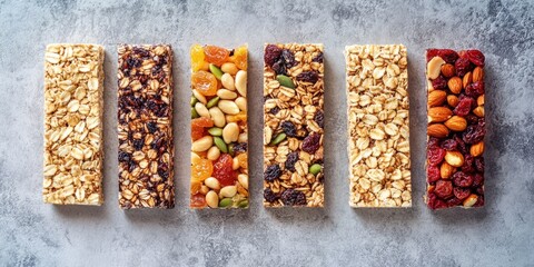 Row of six different kinds of granola bars. The bars are all different colors and have different ingredients