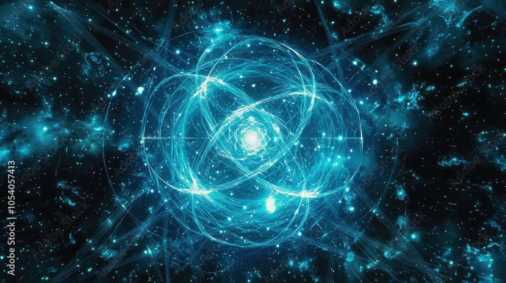 Fototapete 3d atomic structure with rotating electrons animation